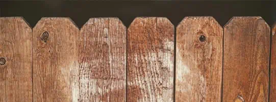 A close-up of a weathered, wooden fence shows the top of several brown, sun-bleached pickets with rounded corners. Knots and white streaks are visible in the wood grain.