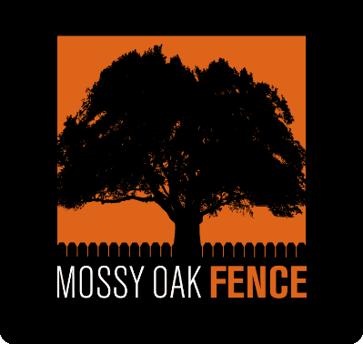 Silhouette of a large tree with a picket fence beneath it against an orange background. The text "MOSSY OAK FENCE" is written below the image in bold white and orange letters.