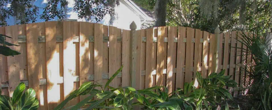 A wooden fence with an arched top surrounded by lush green plants. Sunlight filters through the trees, casting shadows on the fence. A white house is partially visible in the background.