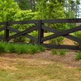 A wooden fence painted black with a crisscross pattern runs through a garden. Behind the fence are lush green trees and bushes. The ground is covered with grass and patches of soil with small plants in the foreground.