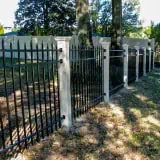 A black wrought iron fence with stone pillars runs parallel to a row of trees. Sunlight filters through the leaves, casting shadows on the grassy ground.