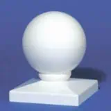 A white sphere rests on a square base against a solid blue background.