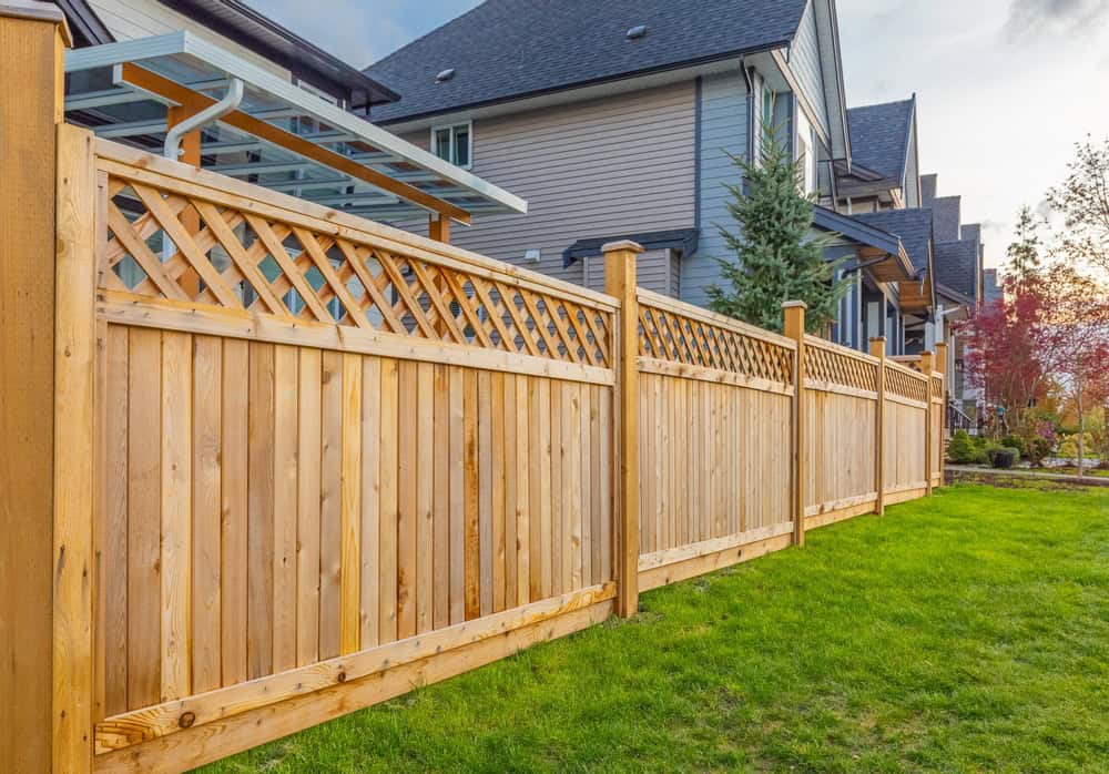 A wooden fence with lattice design on top runs alongside a grassy yard, adjacent to a row of modern suburban houses with sloped roofs and a covered patio. A tree with red leaves is visible in the background.