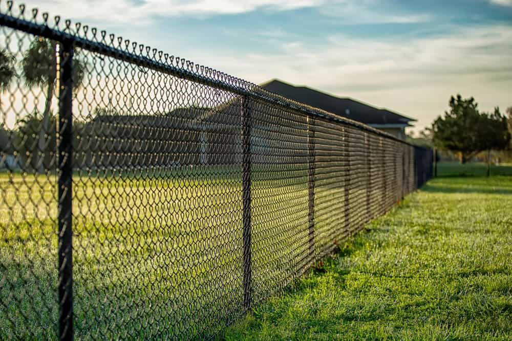 A long chain-link fence runs diagonally through a grassy field, with the sun casting shadows on the grass. In the background, a house is partially visible under a blue sky with scattered clouds. Trees dot the horizon.
