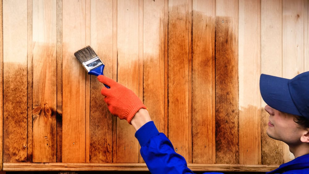 A person in a blue cap and jacket, wearing orange gloves, is applying a wood stain with a brush on a wooden surface. The stain contrasts with the untreated wood, showing a rich brown color.