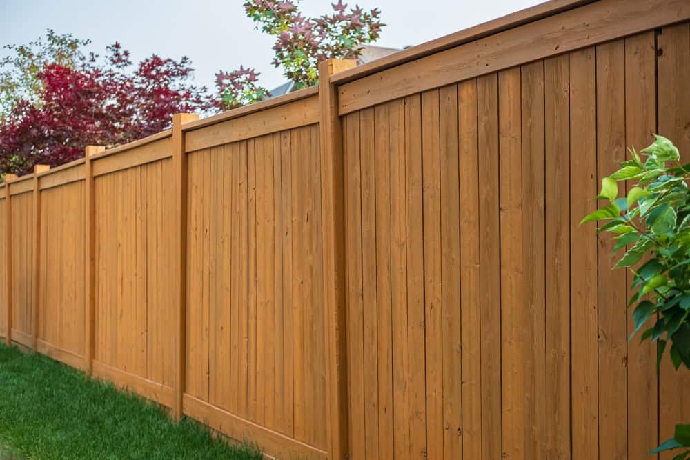 A tall wooden privacy fence runs along a neatly manicured lawn. Green shrubs and red-leaved trees are visible on either side. The sky appears overcast, providing even lighting to the scene.