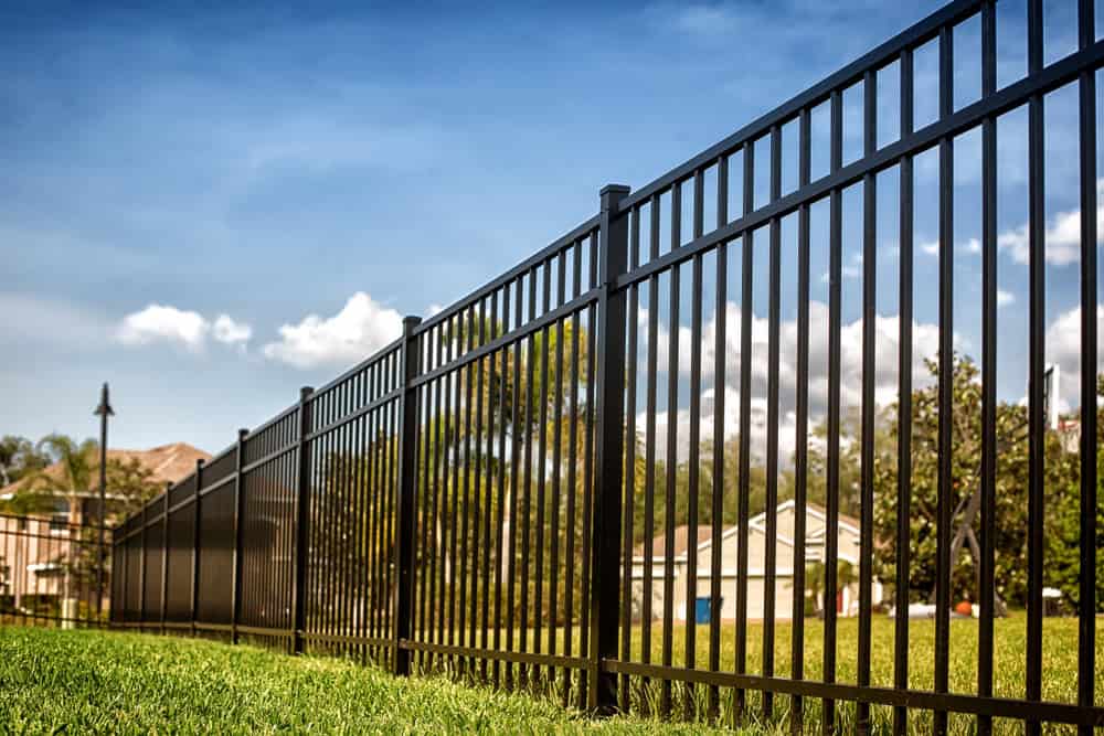 A long, black metal fence runs alongside a grassy area under a clear blue sky. Homes and trees are visible in the background, creating a suburban setting.