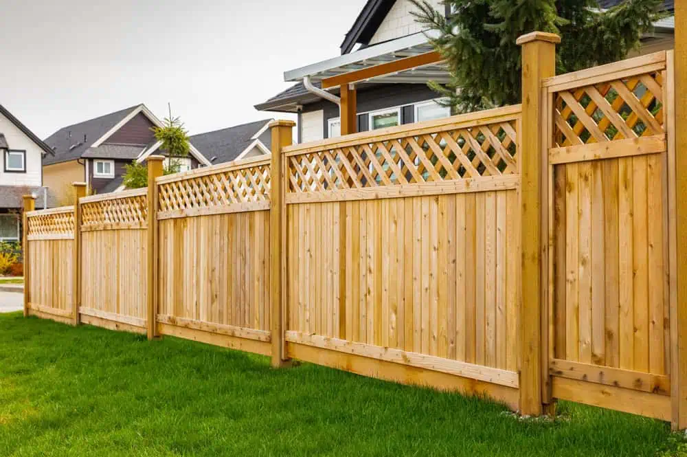 A wooden fence with lattice details on top stands in front of a row of suburban houses. The fence is surrounded by well-maintained green grass, and a tree is visible near one of the houses.
