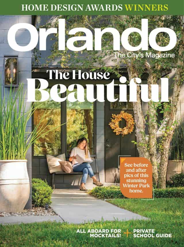A magazine cover titled "Orlando: The City’s Magazine" features a woman sitting on a porch with a laptop. There's greenery around her and a festive wreath on the wall. Text mentions "The House Beautiful" and highlights Winter Park home before-and-after pics.