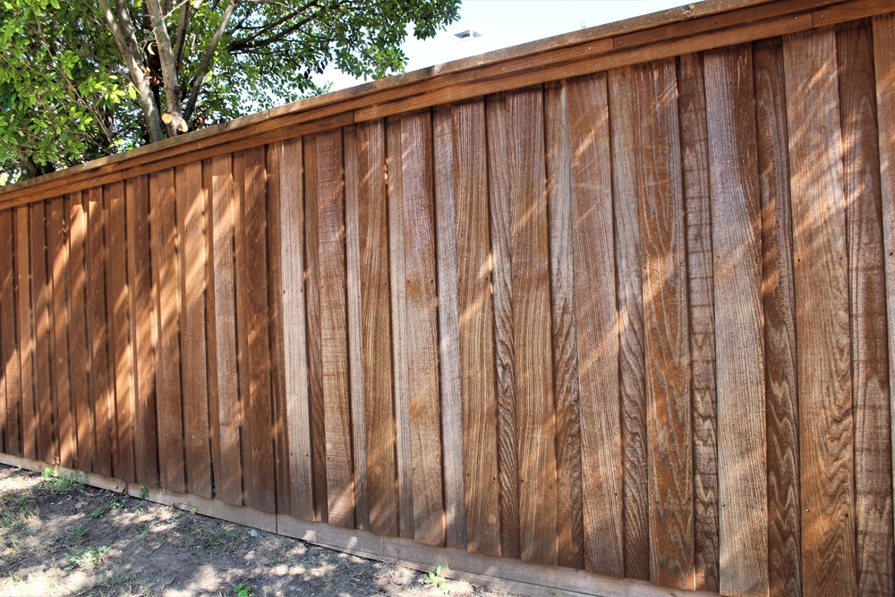 A tall wooden fence with vertical panels is shown, with sunlight casting dappled shadows from nearby trees onto the fence and ground.
